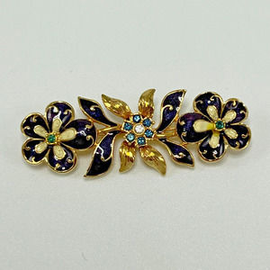 Joan Rivers Gold Tone Swarovski Crystals Enamel Navy Blue Flowers Brooch Pin